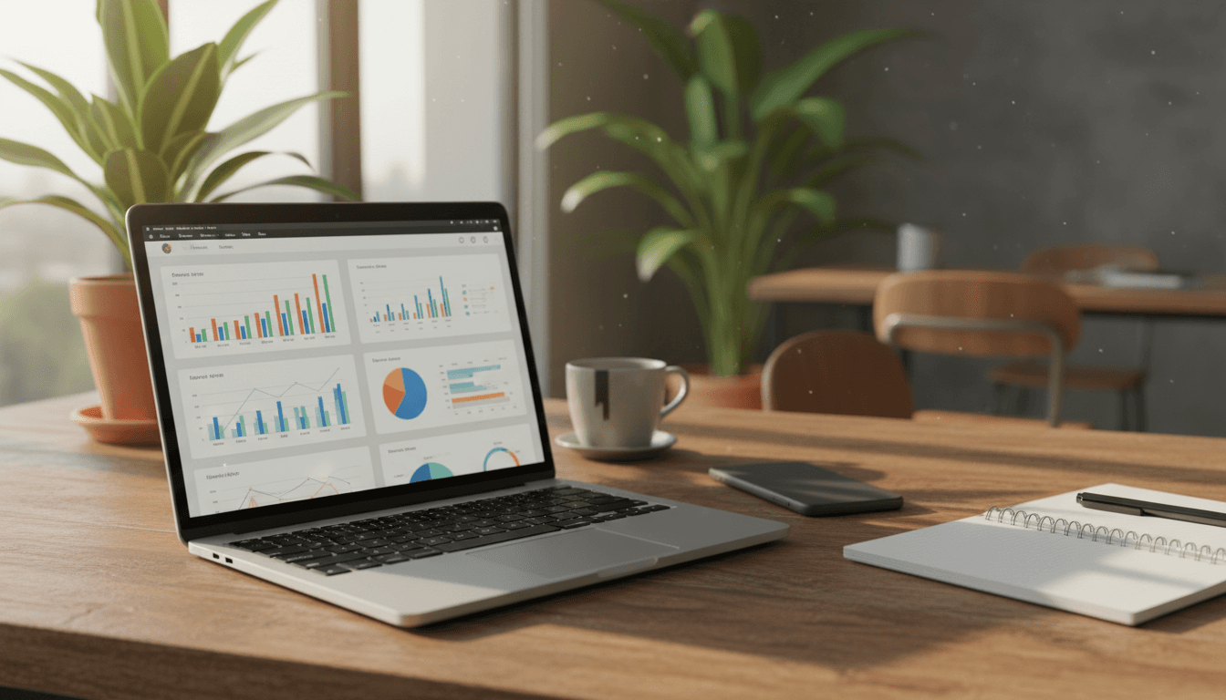 Laptop with marketing analytics dashboard in a co-working space
