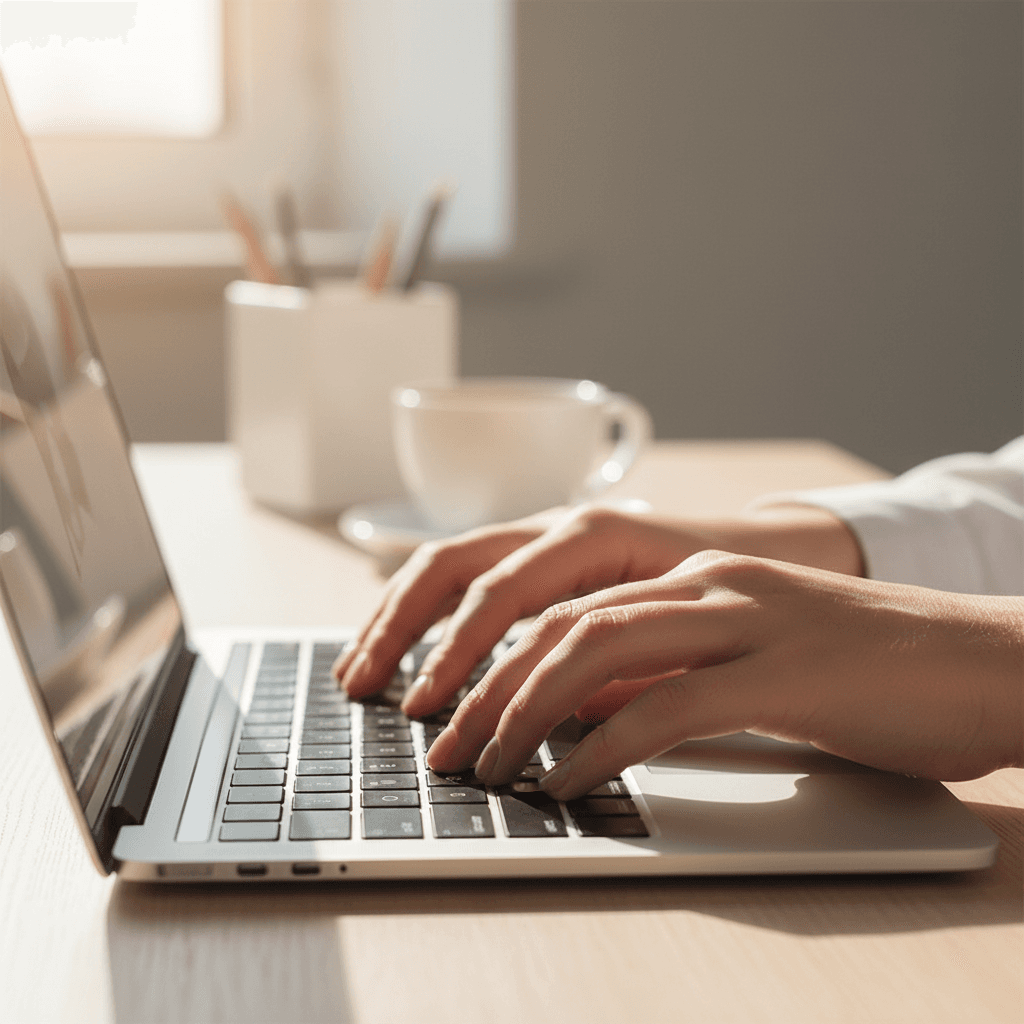 Hands typing on laptop keyboard in office