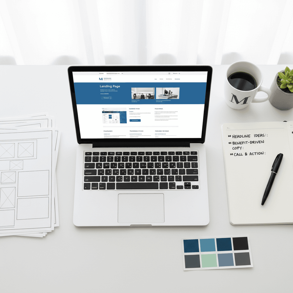 Flat lay of designer's workspace with landing page wireframe and laptop