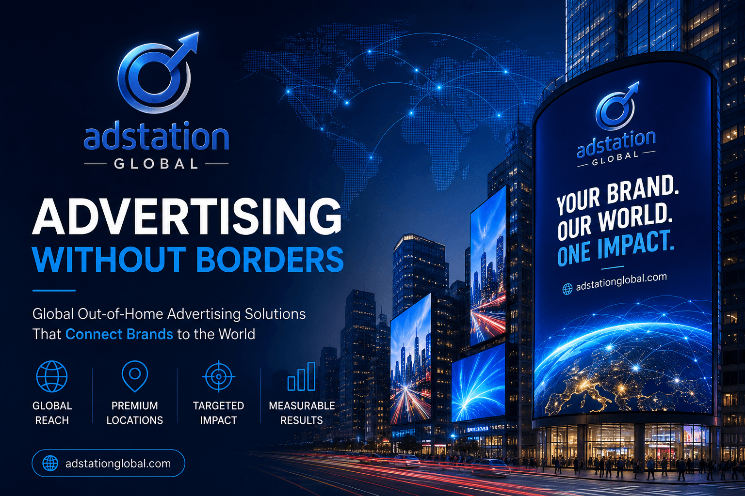 Adstation Global graphic showing a night cityscape with digital billboards and global advertising icons.